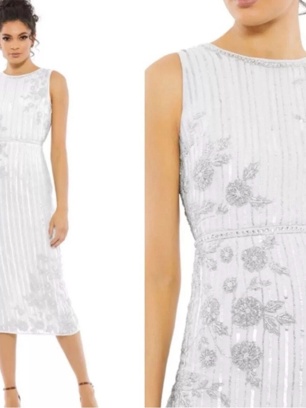 Mac Duggal White Beaded Embellished Sleeveless Midi Formal Wedding Party Dress